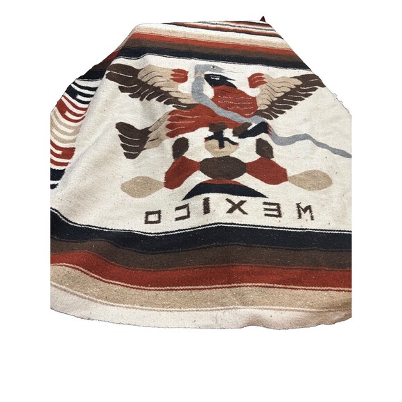 Vtg Mexican Serape Woven Wool  Blanket Poncho Rug Thunderbird & Snake Striped - Picture 1 of 11